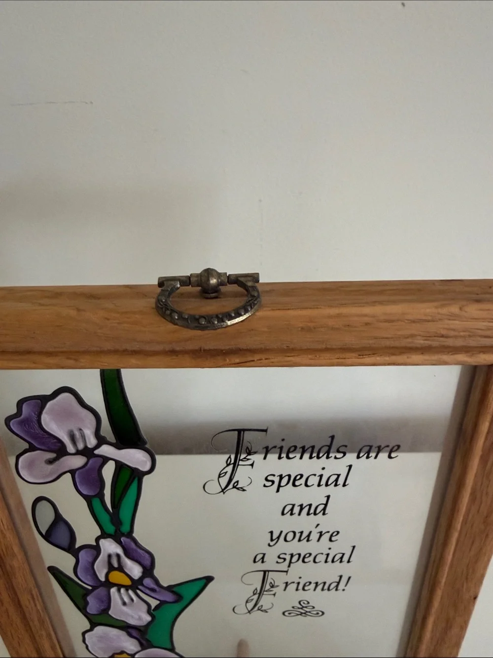 Friendship Floral Stained Glass Panel in Purple and Green - Oak Frame